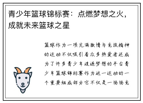 青少年篮球锦标赛：点燃梦想之火，成就未来篮球之星