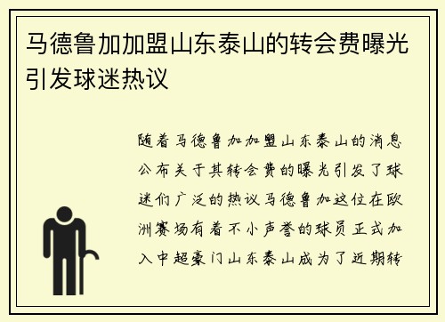 马德鲁加加盟山东泰山的转会费曝光引发球迷热议