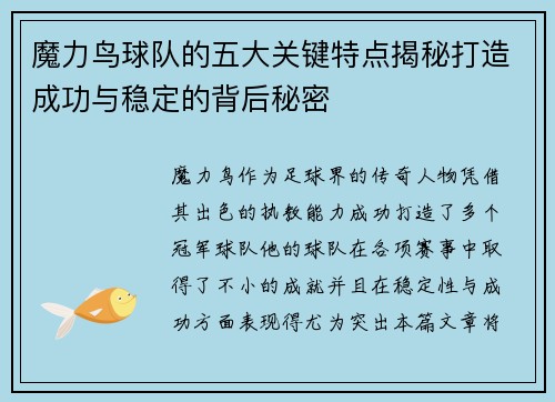 魔力鸟球队的五大关键特点揭秘打造成功与稳定的背后秘密