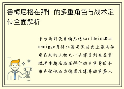 鲁梅尼格在拜仁的多重角色与战术定位全面解析